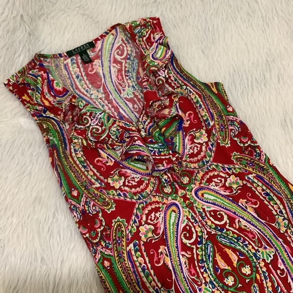 Lauren Ralph Lauren women’s red paisley sleeveless ruffle summer knit dress S - Picture 2 of 9